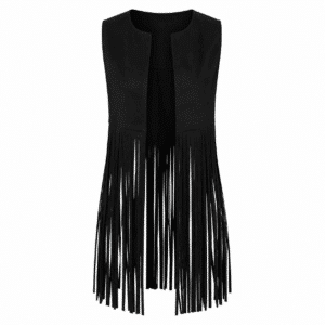 Gilet western franges noir long effet daim