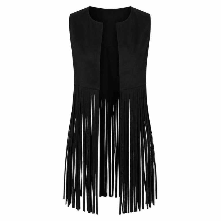 Gilet western franges noir long effet daim