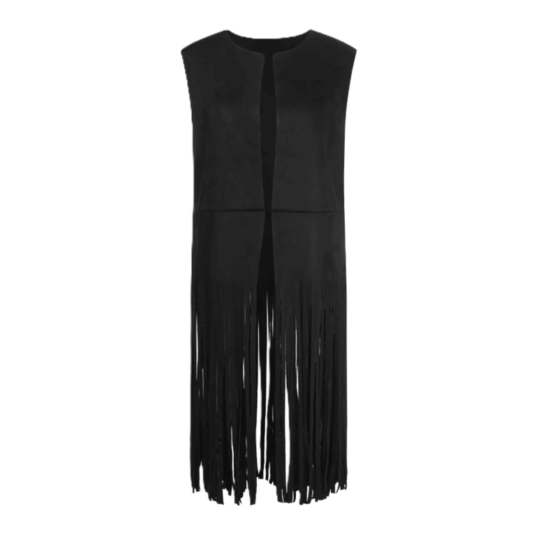 Gilet western long noir à franges effet daim (1)