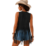 Gilet western long noir à franges effet daim
