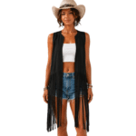 Gilet western long noir à franges effet daim (3)