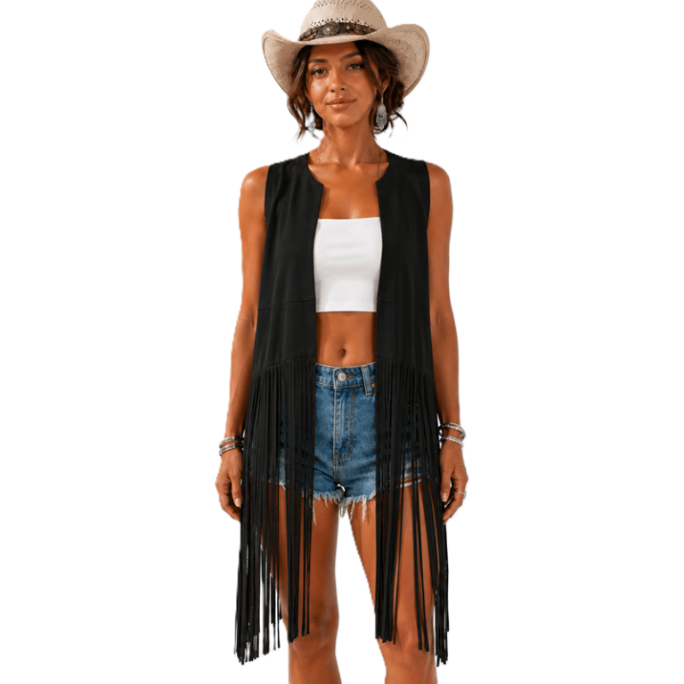 Gilet western long noir à franges effet daim (3)