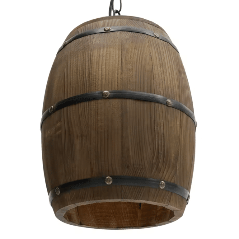 Lustre Suspension Vintage Tonneau en Bois et Cerclage Métal (5)