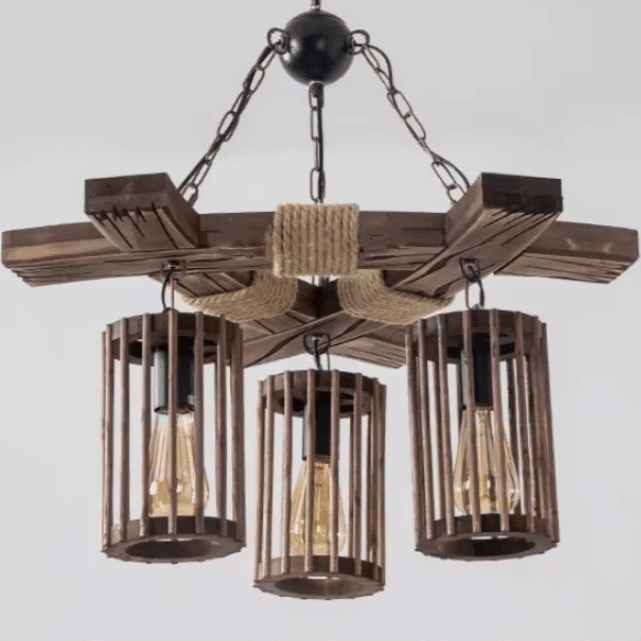Lustre rétro lanterne western fer et bois (4)