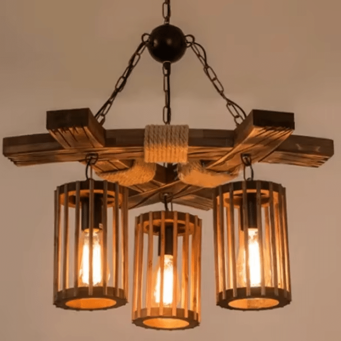 Lustre rétro lanterne western fer et bois (5)