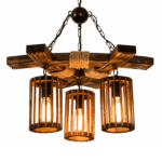 Lustre rétro lanterne western fer et bois