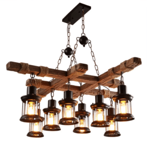 Lustre suspension vintage bois & corde de chanvre