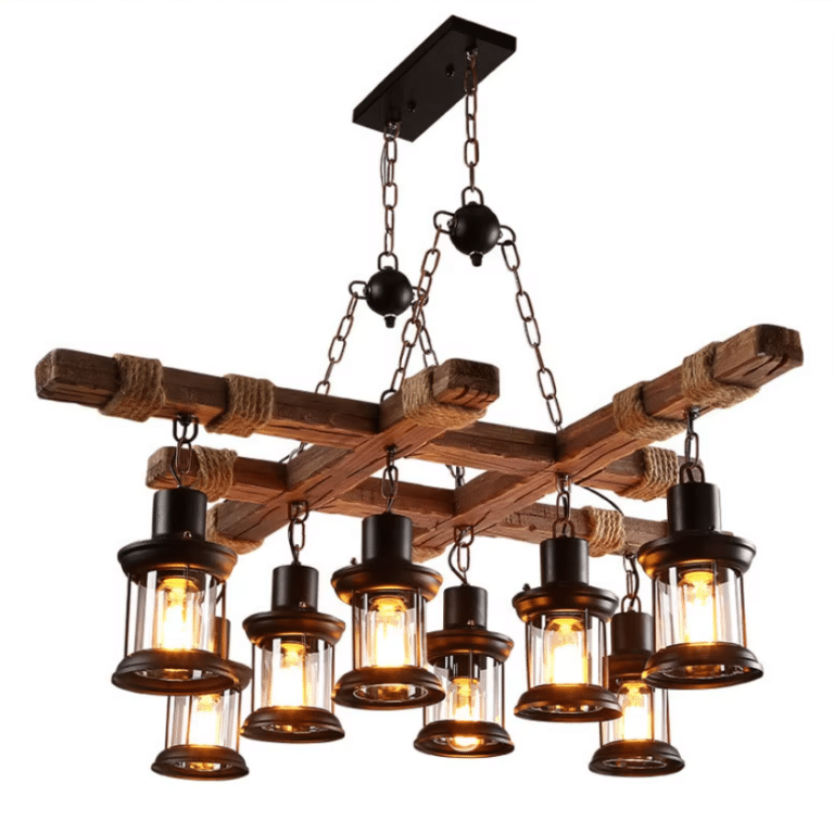 Lustre suspension vintage bois & corde de chanvre (1)