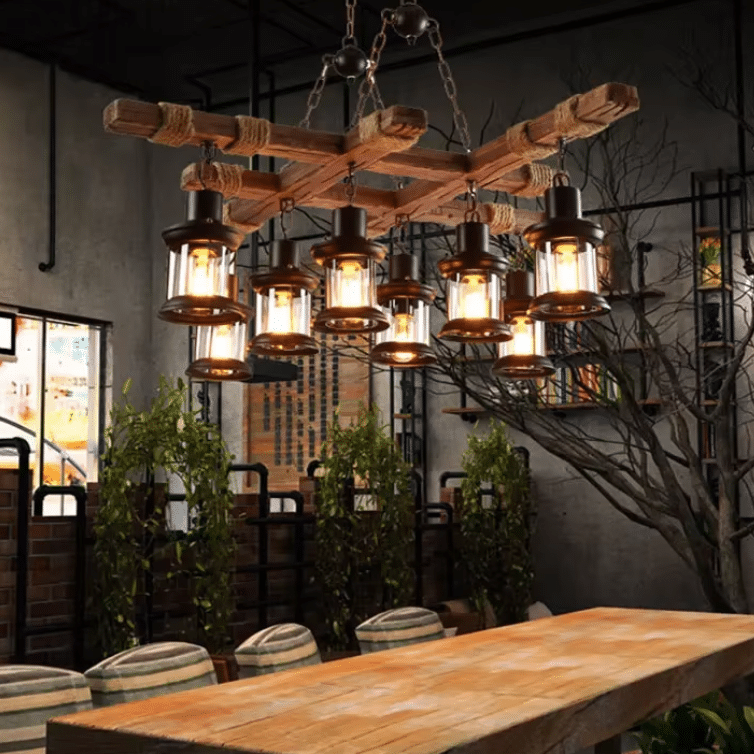 Lustre suspension vintage bois & corde de chanvre (5)