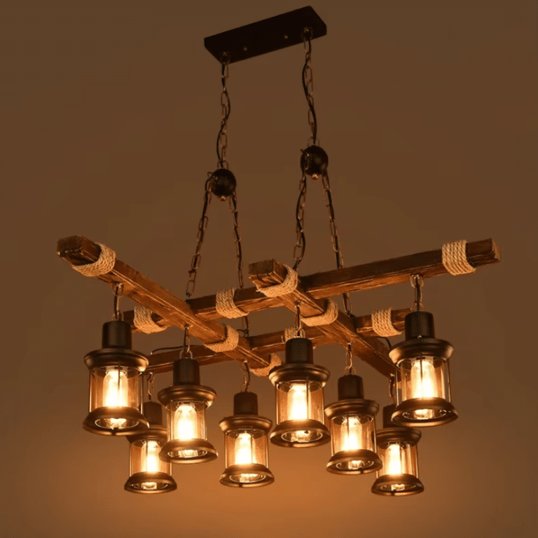 Lustre suspension vintage bois & corde de chanvre (6)