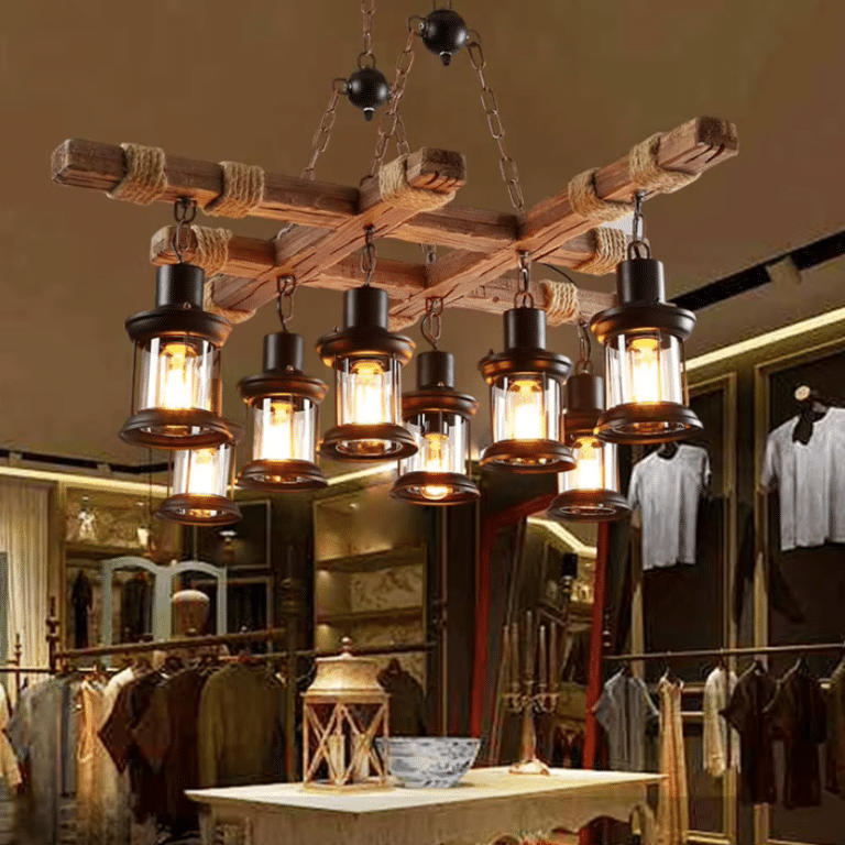 Lustre suspension vintage bois & corde de chanvre (7)