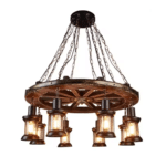 Lustre western roue de chariot avec lanternes suspendues (3)