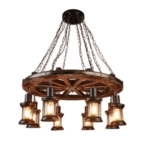 Lustre western roue de chariot avec lanternes suspendues