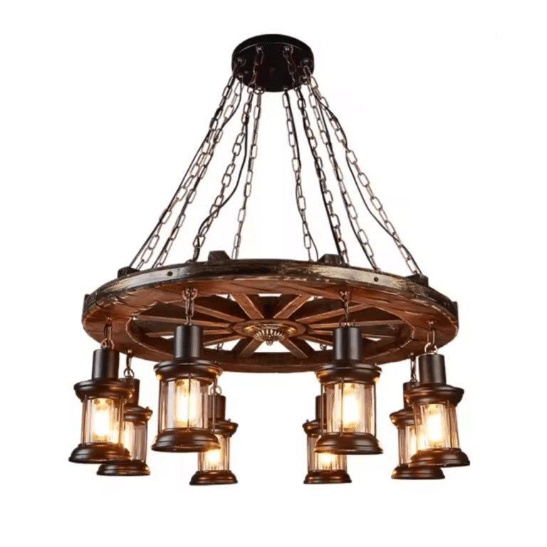 Lustre western roue de chariot avec lanternes suspendues (3)