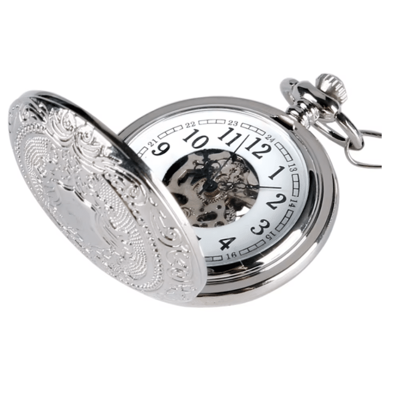 Montre gousset argentée à clapet gravé mécanique (1)