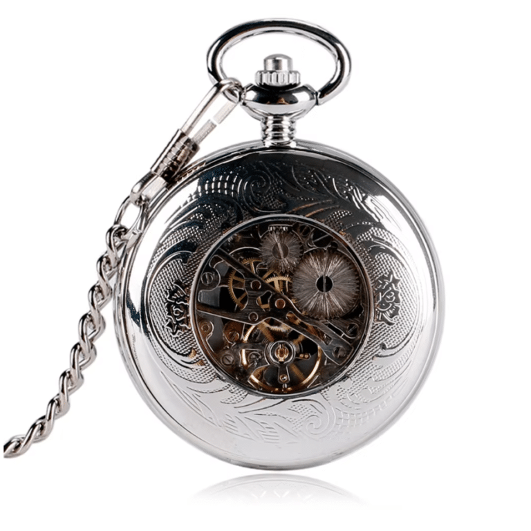 Montre gousset argentée à clapet gravé mécanique (3)