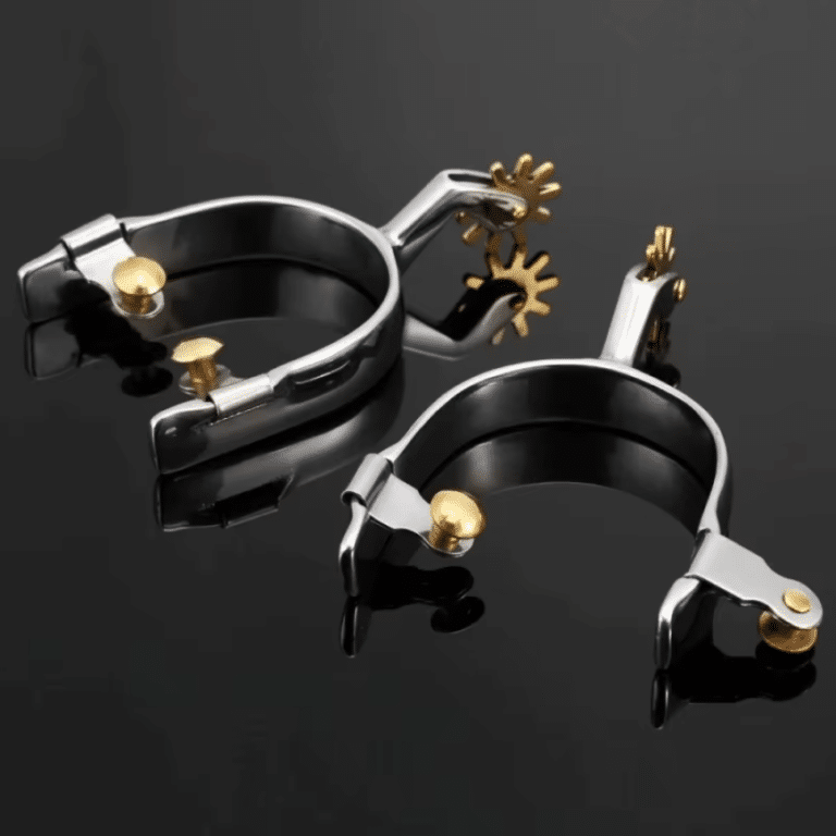 Paire d’éperons western inox et cuivre avec sangles (2)