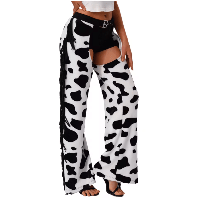 Pantalon cowgirl ouvert imprimé vache (1)