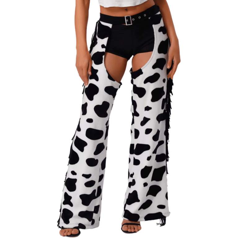 Pantalon cowgirl ouvert imprimé vache (4)