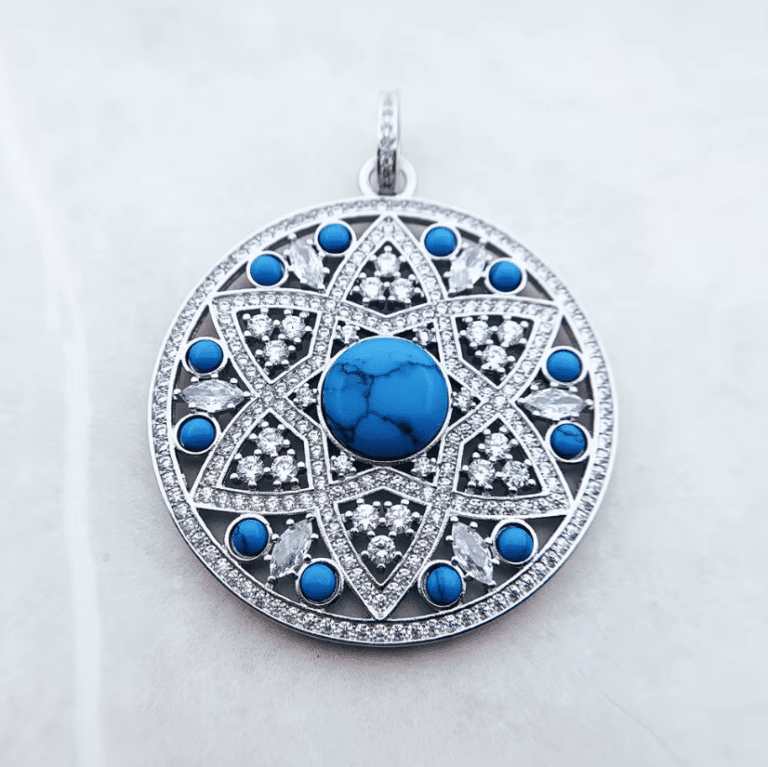 Pendentif mandala western Argent 925 avec cristaux et turquoise (2)