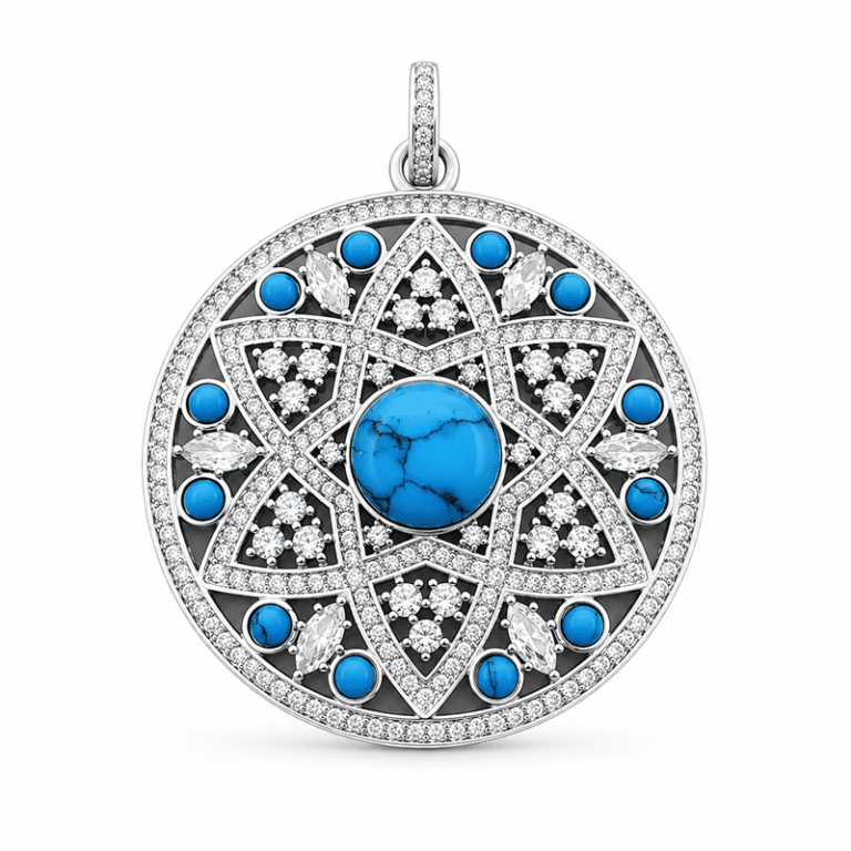 Pendentif mandala western Argent 925 avec cristaux et turquoise (5)