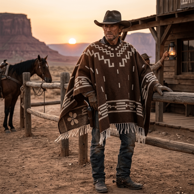 Poncho cowboy western marron à motifs ethniques