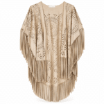 Poncho femme beige à franges bohème suédine (1)