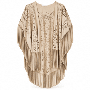 Poncho femme beige à franges bohème suédine