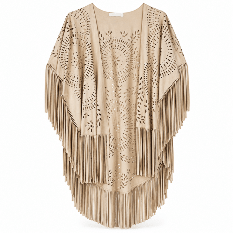 Poncho femme beige à franges bohème suédine (1)