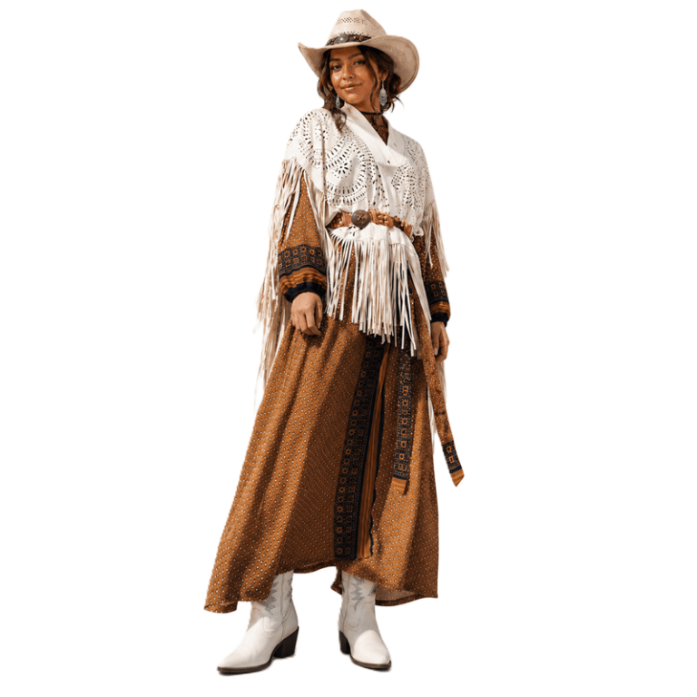 Poncho femme beige à franges bohème suédine (3)