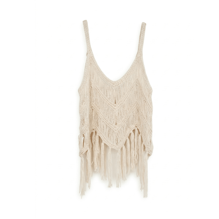 Top Crop en crochet bohème à franges blanc cassé (1)