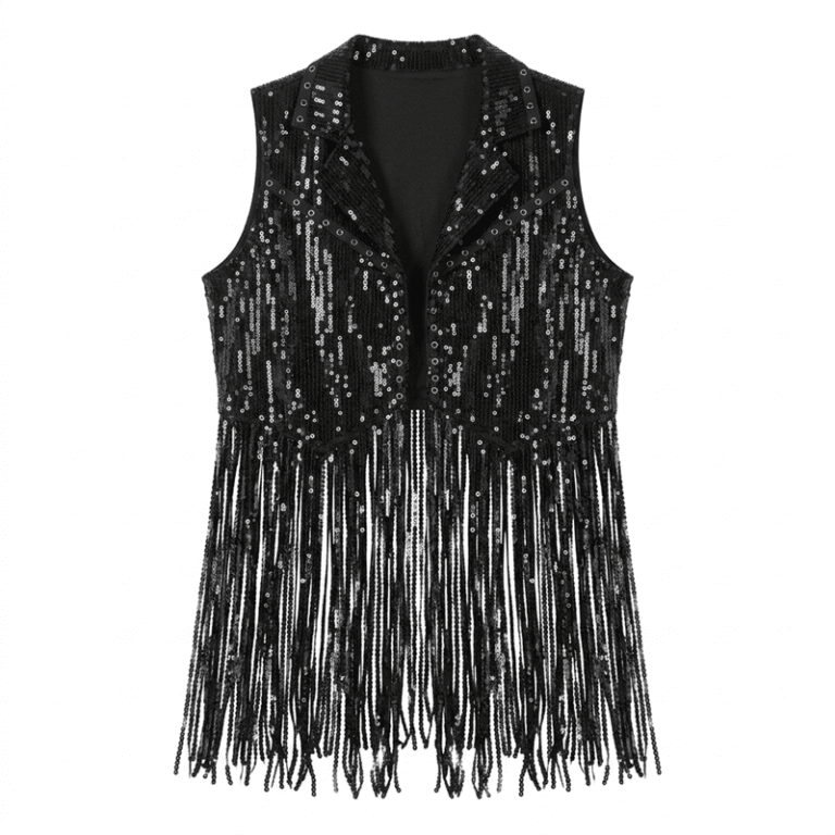 Veste western noire à franges pailletées femme (7)