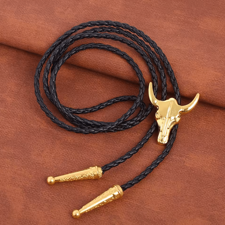 cravate cowboy bolo tressée tête de taureau doré (2)
