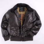 Blouson aviateur vintage américain en simili cuir à col effet fourrure (1)