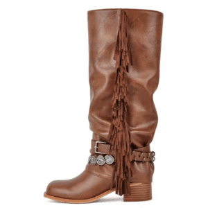 Botte western femme à franges cuir vegan camel style cowgirl vintage