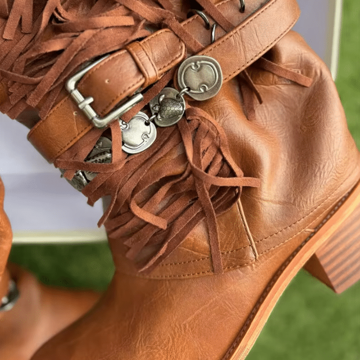 Botte western femme à franges cuir vegan camel style cowgirl vintage (2)