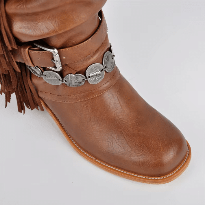 Botte western femme à franges cuir vegan camel style cowgirl vintage (3)