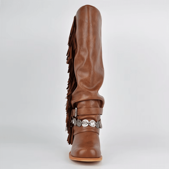 Botte western femme à franges cuir vegan camel style cowgirl vintage (4)