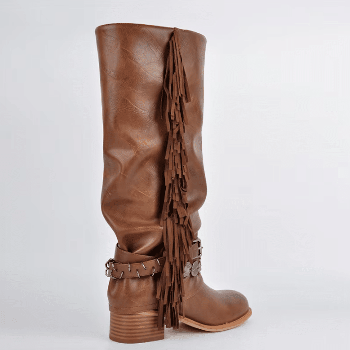 Botte western femme à franges cuir vegan camel style cowgirl vintage (5)
