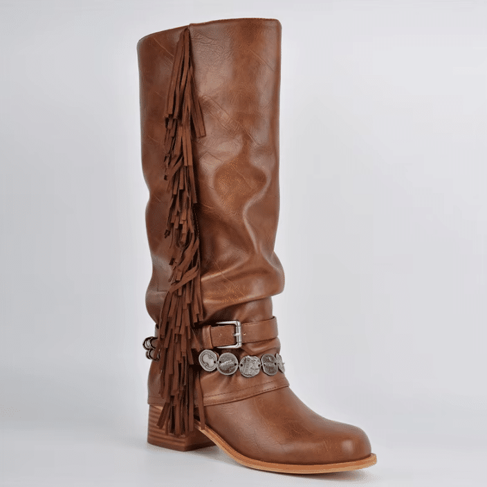 Botte western femme à franges cuir vegan camel style cowgirl vintage (6)
