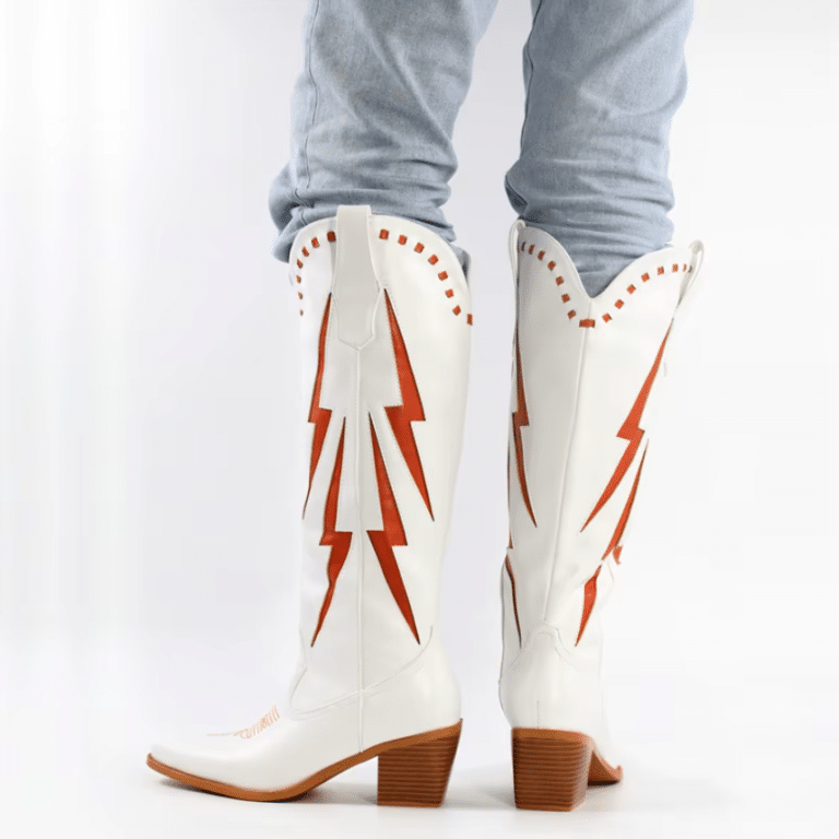 Botte western femme cuir vegan blanc cassé à éclairs rétro rouges (2)