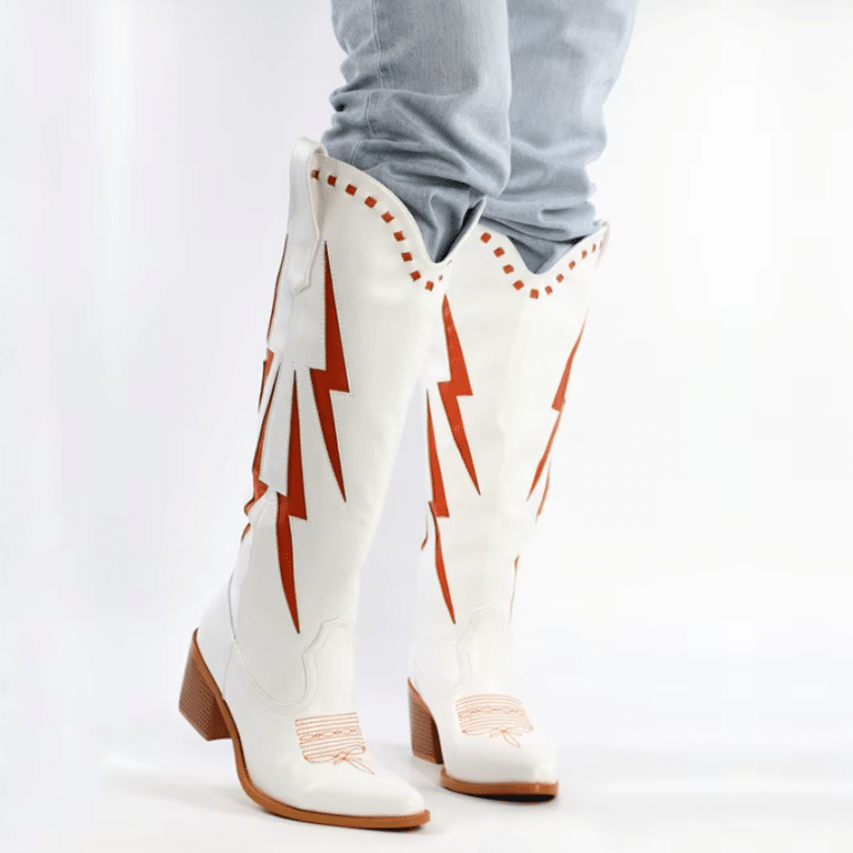 Botte western femme cuir vegan blanc cassé à éclairs rétro rouges (3)