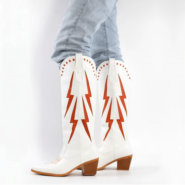 Botte western femme cuir vegan blanc cassé à éclairs rétro rouges (4)