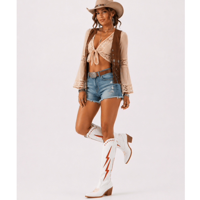 Botte western femme cuir vegan blanc cassé à éclairs rétro rouges (5)