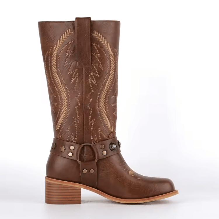 Botte western femme cuir vegan marron à harnais country vintage (2)