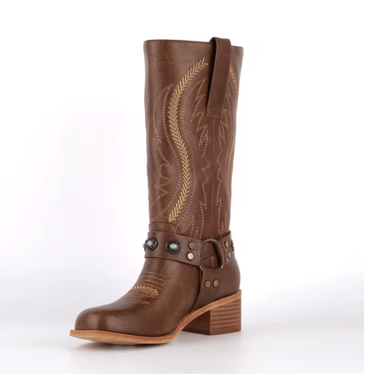 Botte western femme cuir vegan marron à harnais country vintage (3)