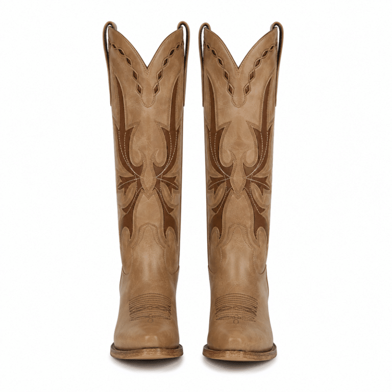 Botte western traditionnelle beige sable empiècements flammes chocolat (1)