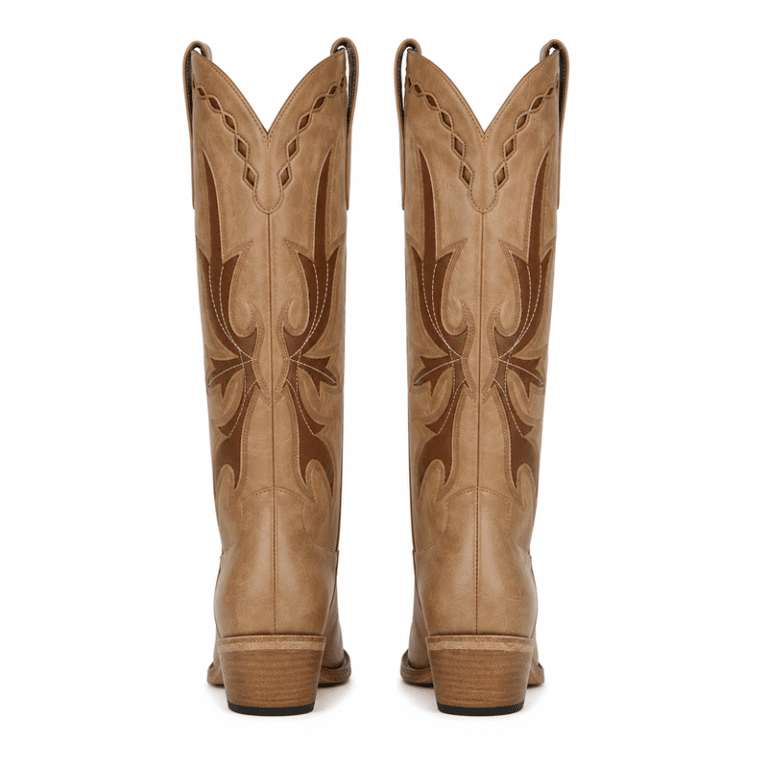 Botte western traditionnelle beige sable empiècements flammes chocolat (2)