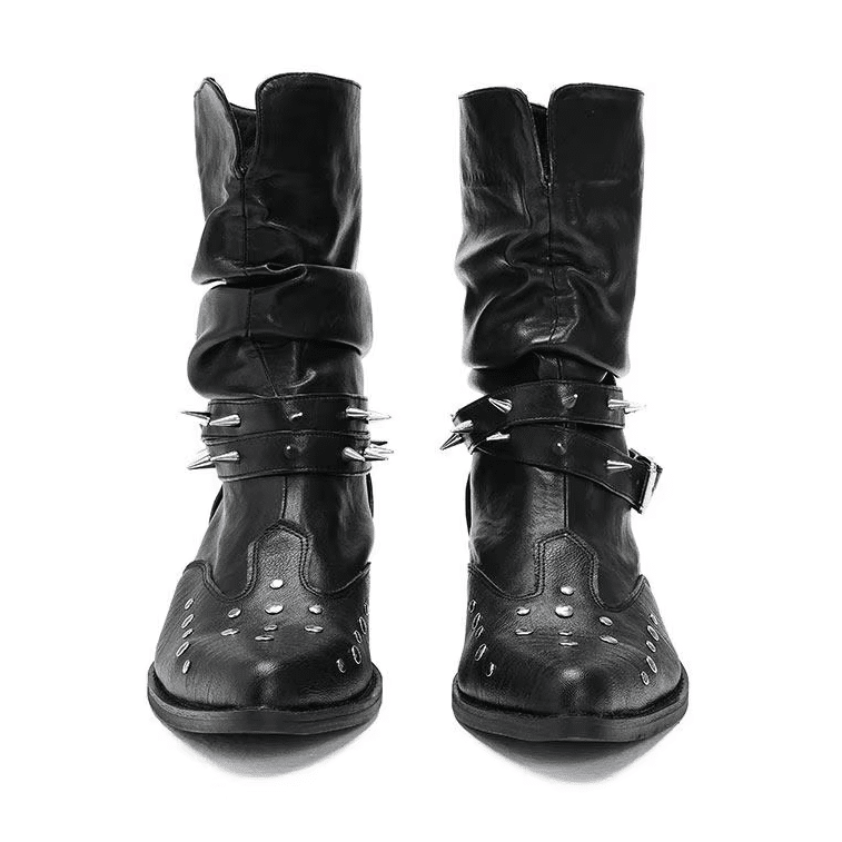 Bottes cowboy homme cuir noir clous et sangles rock (1)
