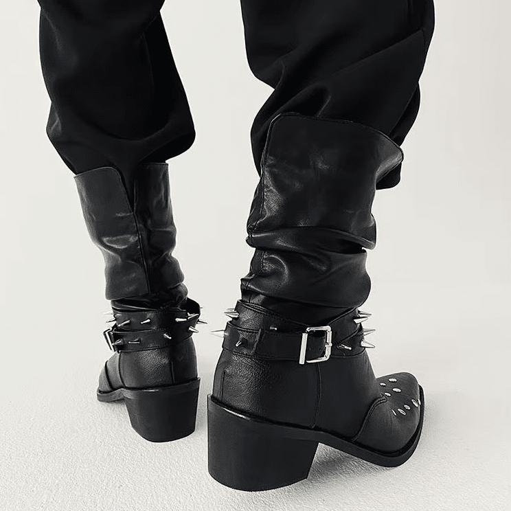 Bottes cowboy homme cuir noir clous et sangles rock (10)